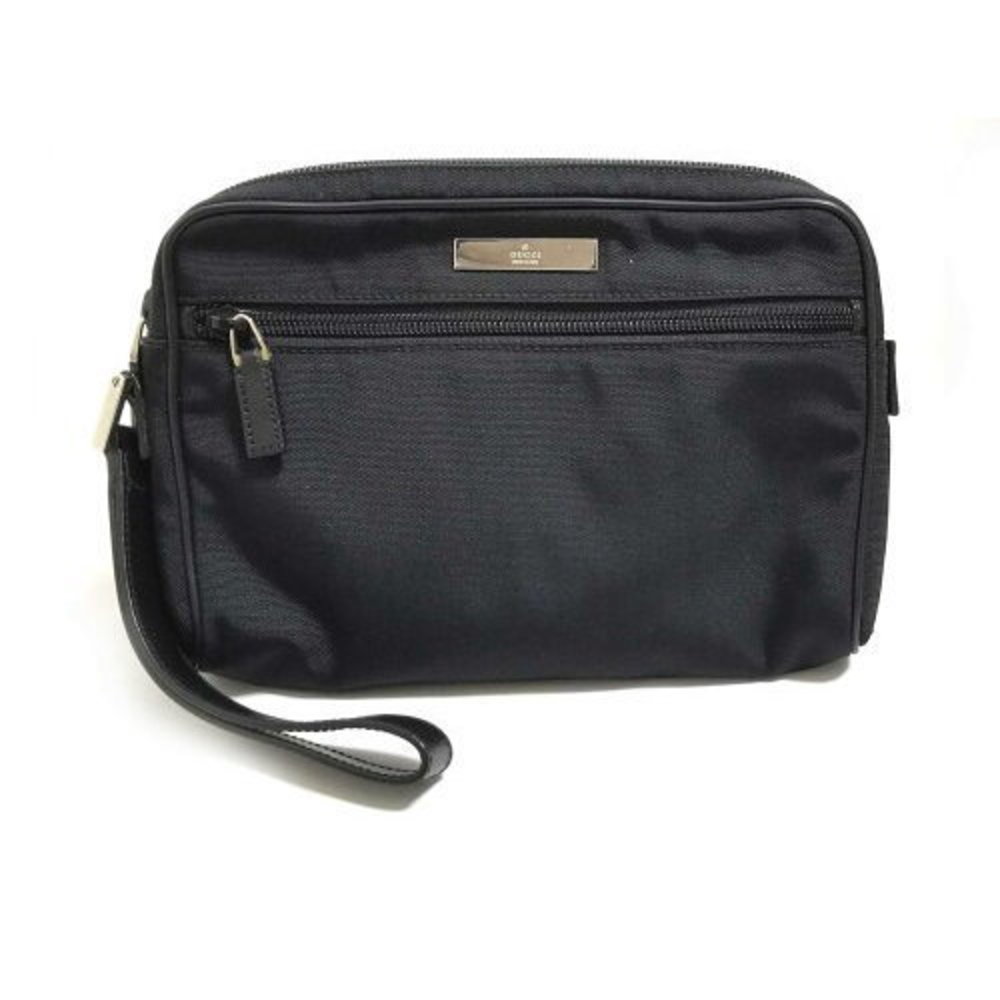 Gucci Shoulder Bag Pouch Black Plain Nylon Logo Plate Wristlet